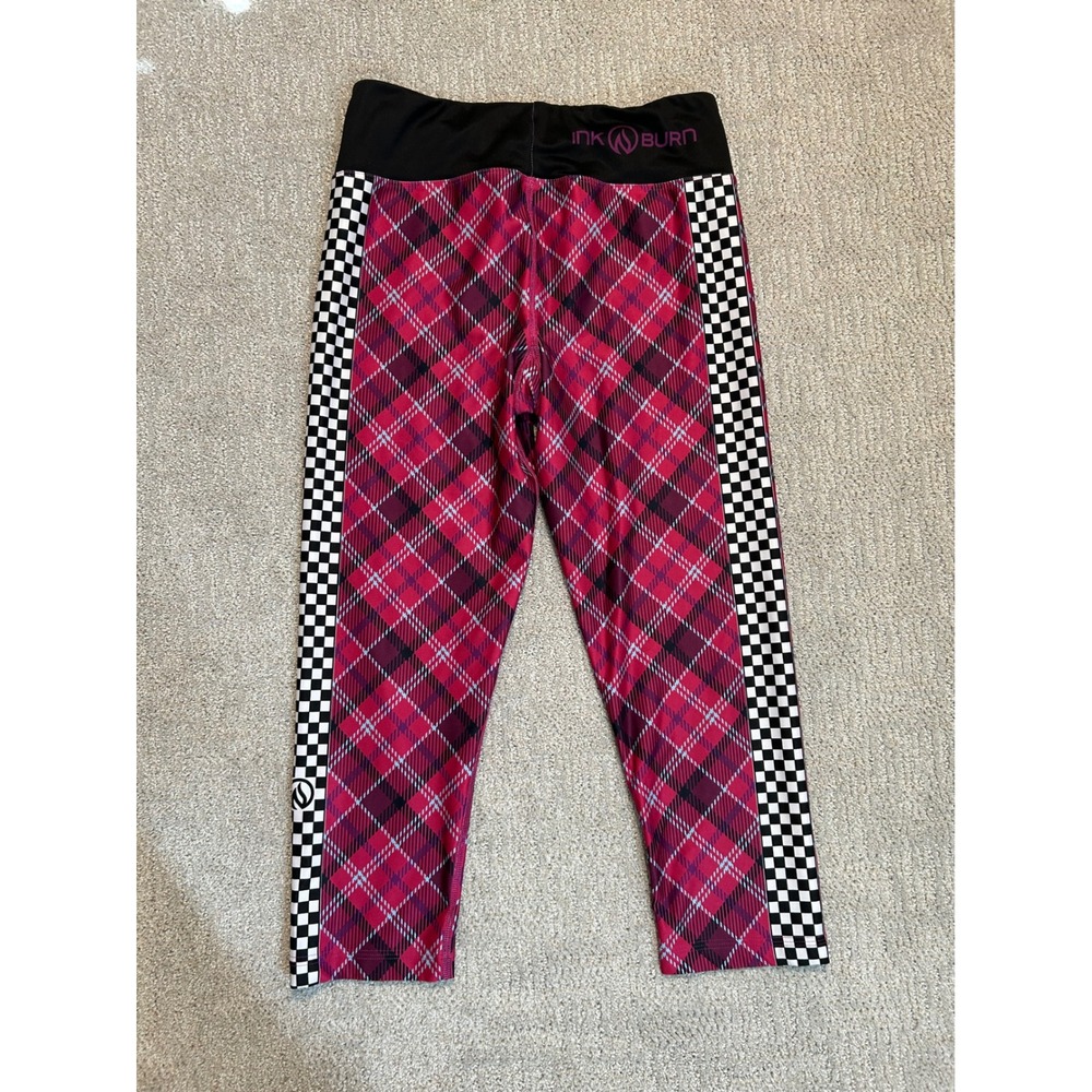 INK N BURN Pink Plaid Capris Athletic Leggings Women's Size 10 Checkered Trim
